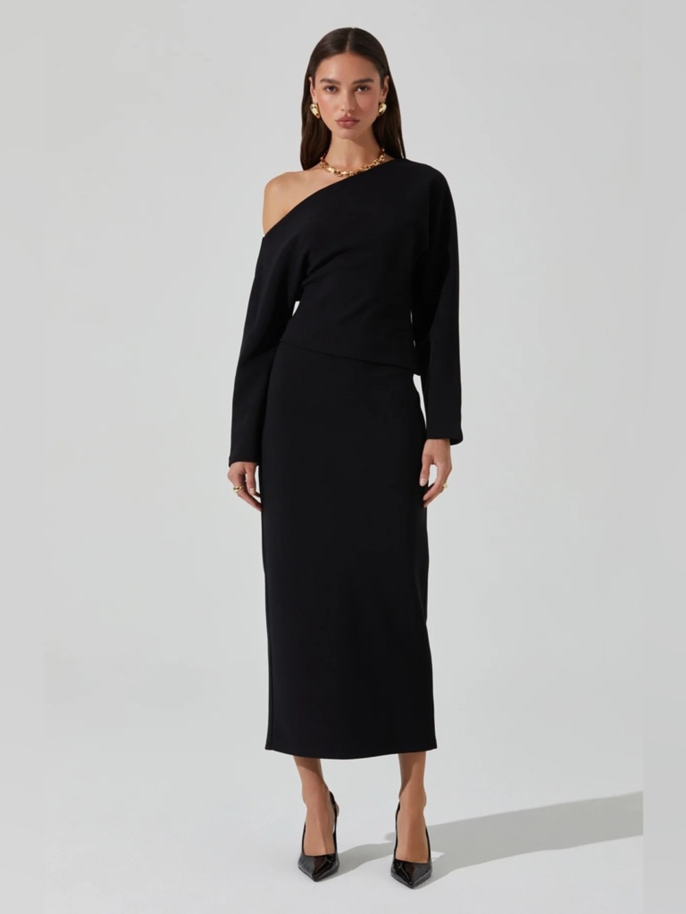 ASTR Asymmetric Black Midi Skirt Set